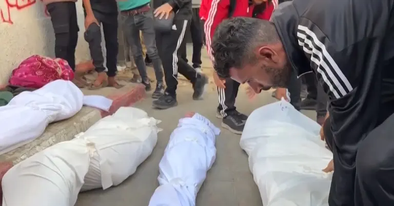 সারি করে রাখা হয়েছে গাজায় ইসরাইলি হামলায় নিহত শিশুদের মরদেহ